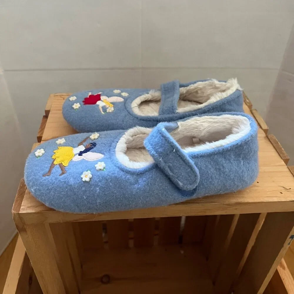 Mini Boden Girls Size 5 Blue Felt Fairy Design Faux Fur Lined Mary Jane Slippers
